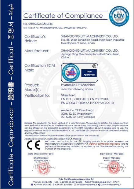 China Shandong Lift Machinery Co.,Ltd Certificaten